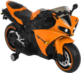 Battery-powered sports bike for kids, featuring training wheels and realistic design